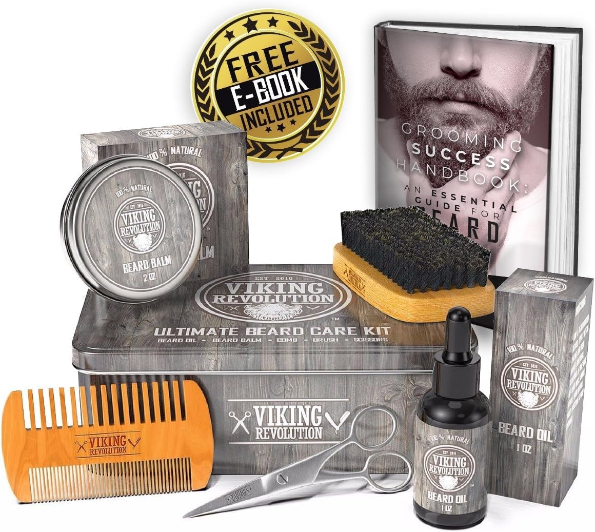 Beard Growth Kit - Oil, Balm, Serum, Derma Roller & Wooden Comb for Beard & Mustache Growth