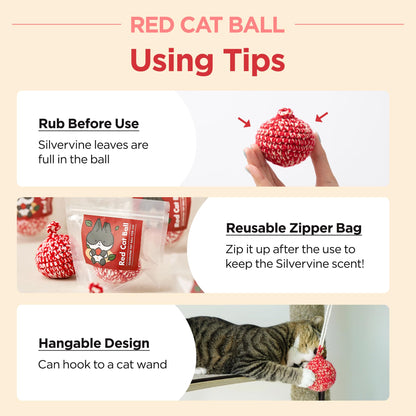 JAYU PET Red Cat Ball [W/O Bell Version] - Handmade Silvervine Cat Toy with Catnip, Interactive Matatabi Ball for Indoor Cats & Kittens, Feline Play Toy & Gift (2.7 inch)