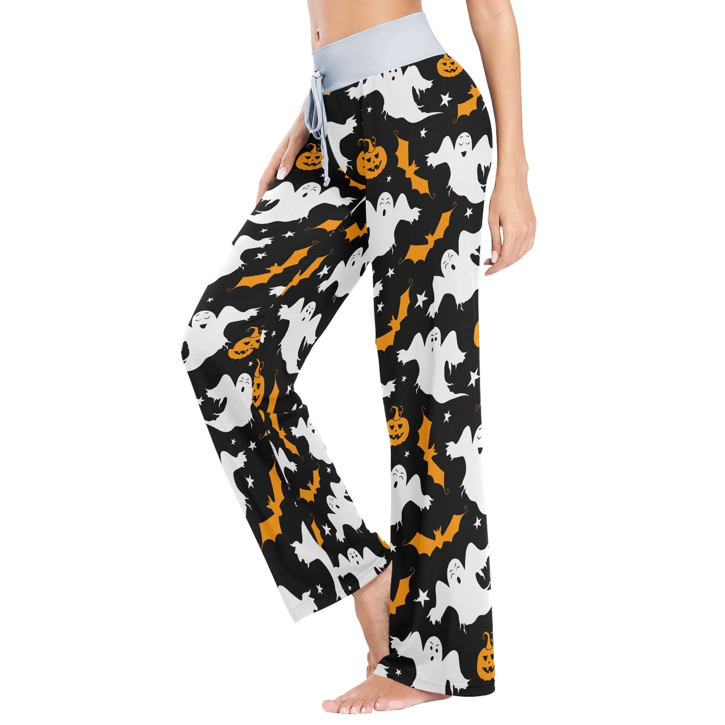 Fisyme Pumpkin Ghost Halloween Pajama Pants for Women Soft Comfy Pjs Bottoms Drawstring Wide Leg Lounge Jogger Yoga Sweat Pants Sleepwear