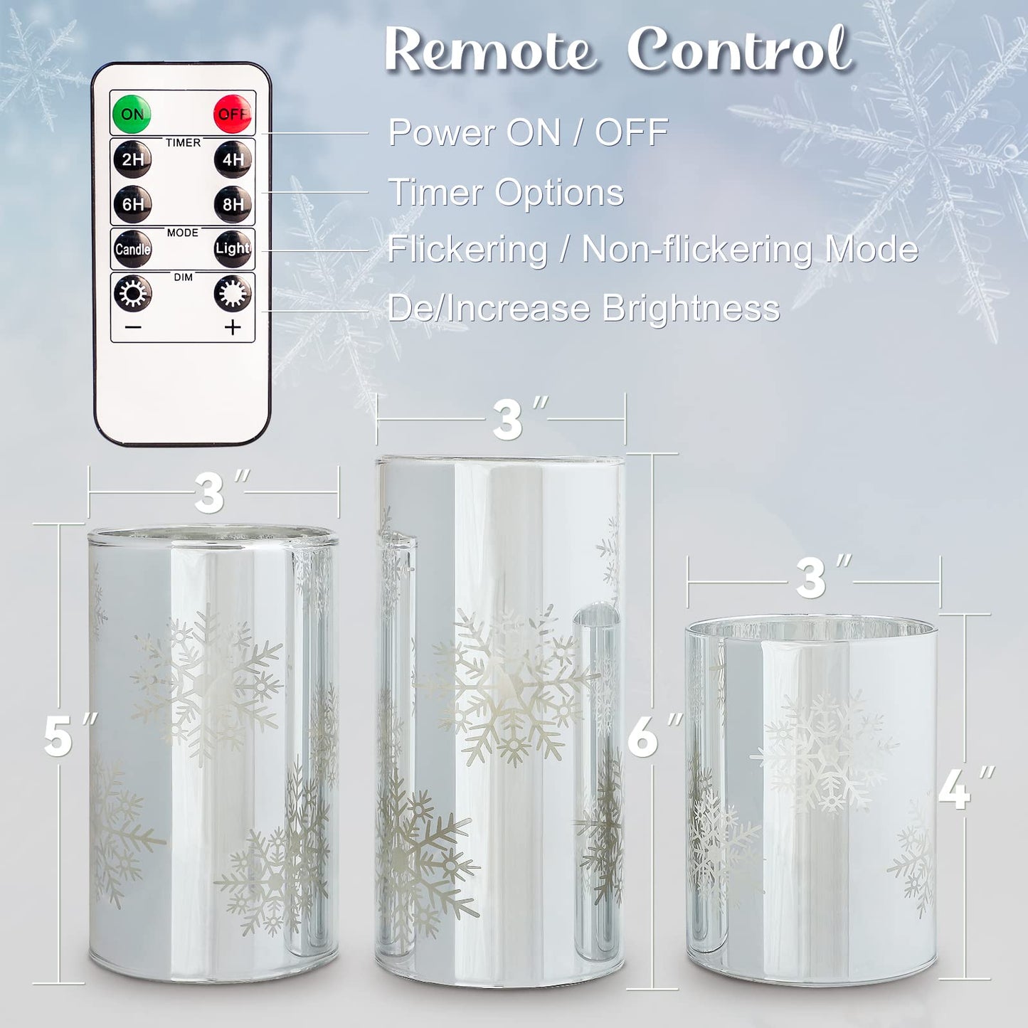 GORGE MOMENT Flameless Candles with Remote, Christmas Holiday LED Flickering Candles, Snowflake Candle Glass, Battery Operated, Xmas Gift Decorations Bathroom Home Party Decor [x3]