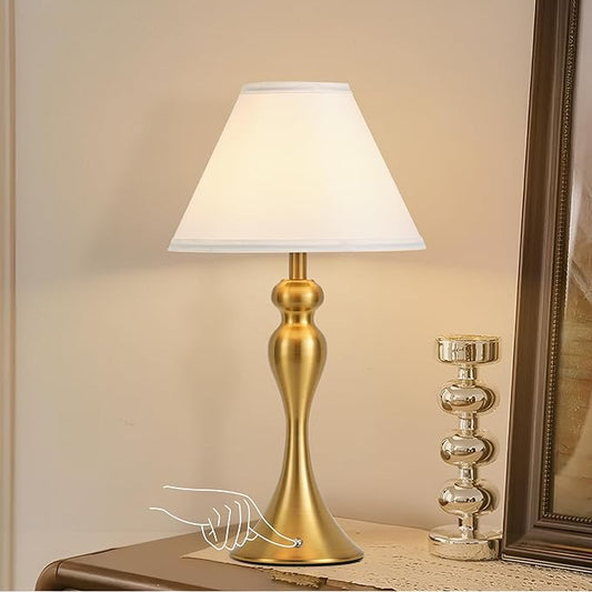 Cordless Bedside Lamp for Living Room, Table Lamp for Bedroom, 3-Way Dimmable Nightstand Lamp with Fabric Shade, Rechargeable Touch Led Desk Lamp Battery Operated Lamp for Dorm, Home Office (Brass)
