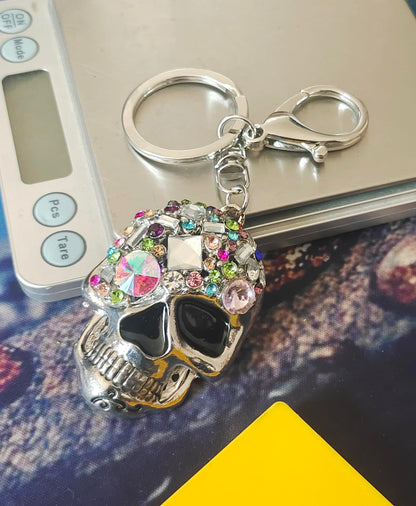 JIAHATE Skull Keychains for Women,Inlaid Multicolor Rhinestone Skull Key CharmTrendy and Punk Style Skeleton Head Key Chain Unisex Gift