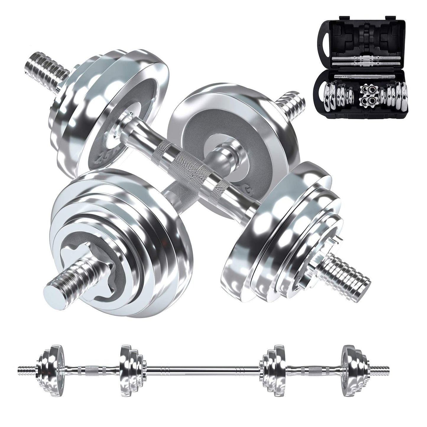 VIVITORY Fitness Dumbbells Set, Adjustable Weight Sets up to 11/22/44/66/110 lbs, with Metal Connecting Rod Used As Barbell, Chromed Weights, Hardcover Gift Box, Home Gym Work Out Training Equipment