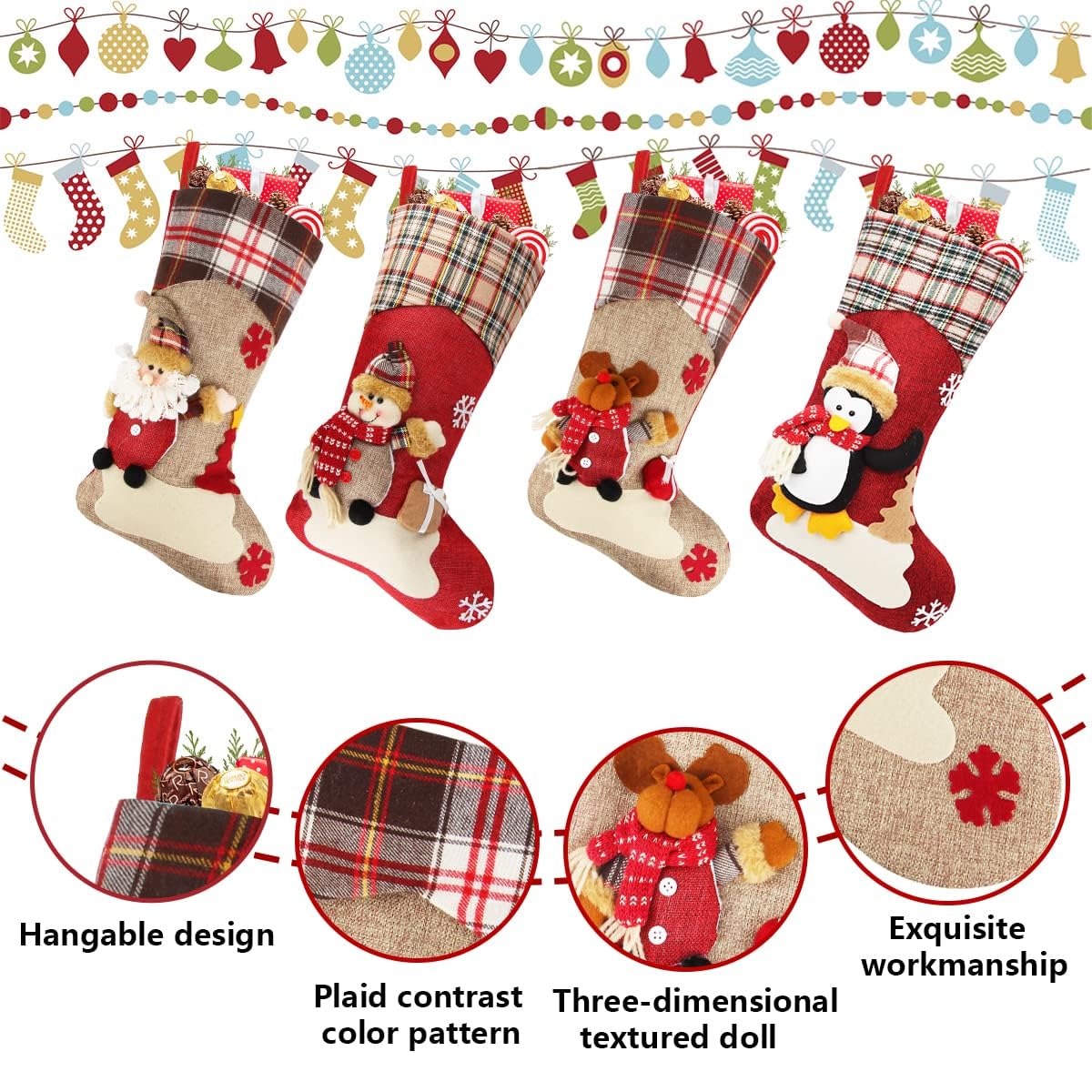 Dreampark Christmas Stockings Bulk 4 Pcs - 18" Classic Xmas Stockings Set of 4 - Santa Snowman Reindeer Penguin Christmas Stocking Decorations Home Decor Party Supplies & Kids Gifts