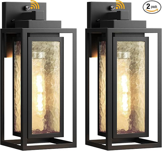 Dusk to Dawn Exterior Porch Light Fixture, Water Ripple Outdoor Wall Lantern Black, 2 Pack Sensor Outside Lantern Lamp, Waterproof Wall Sconce Light, Outside Mount Lamp for Doorway(Bulb Included)