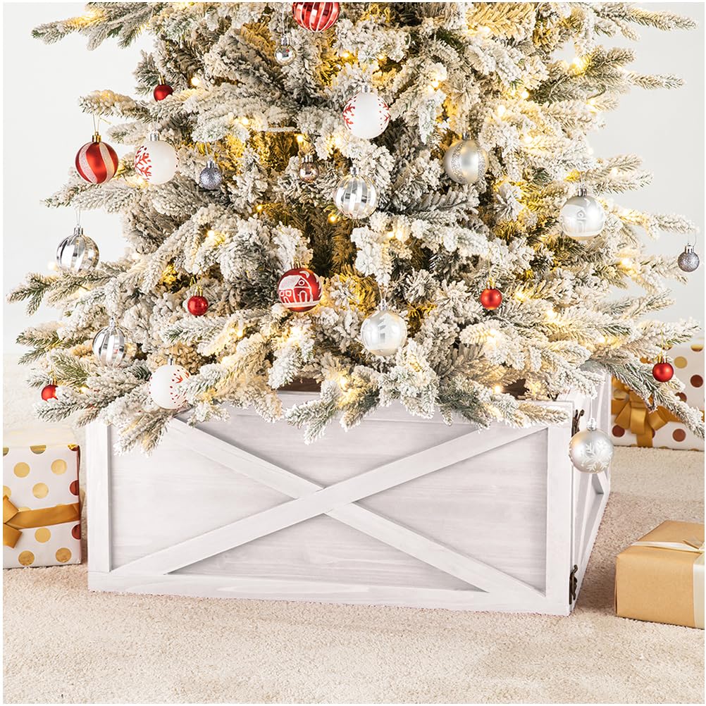 Glitzhome Christmas Tree Collar, Christmas Tree Base Cover, 22" L Washed White Wooden Tree Collars for Artificial Trees Decorative Tree Stand Cover Christmas Tree Skirt Collar