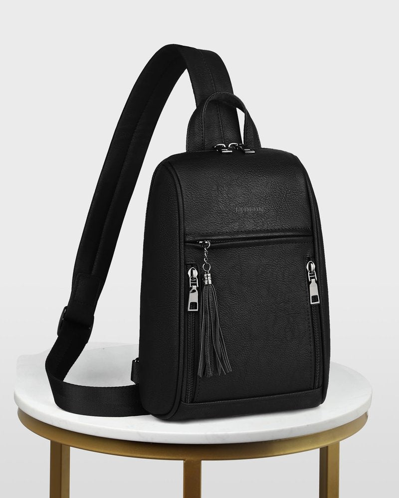 FADEON Sling Bag for Women, Crossbody Backpack with Tassels, Designer Leather Shoulder Chest Bags for Travel