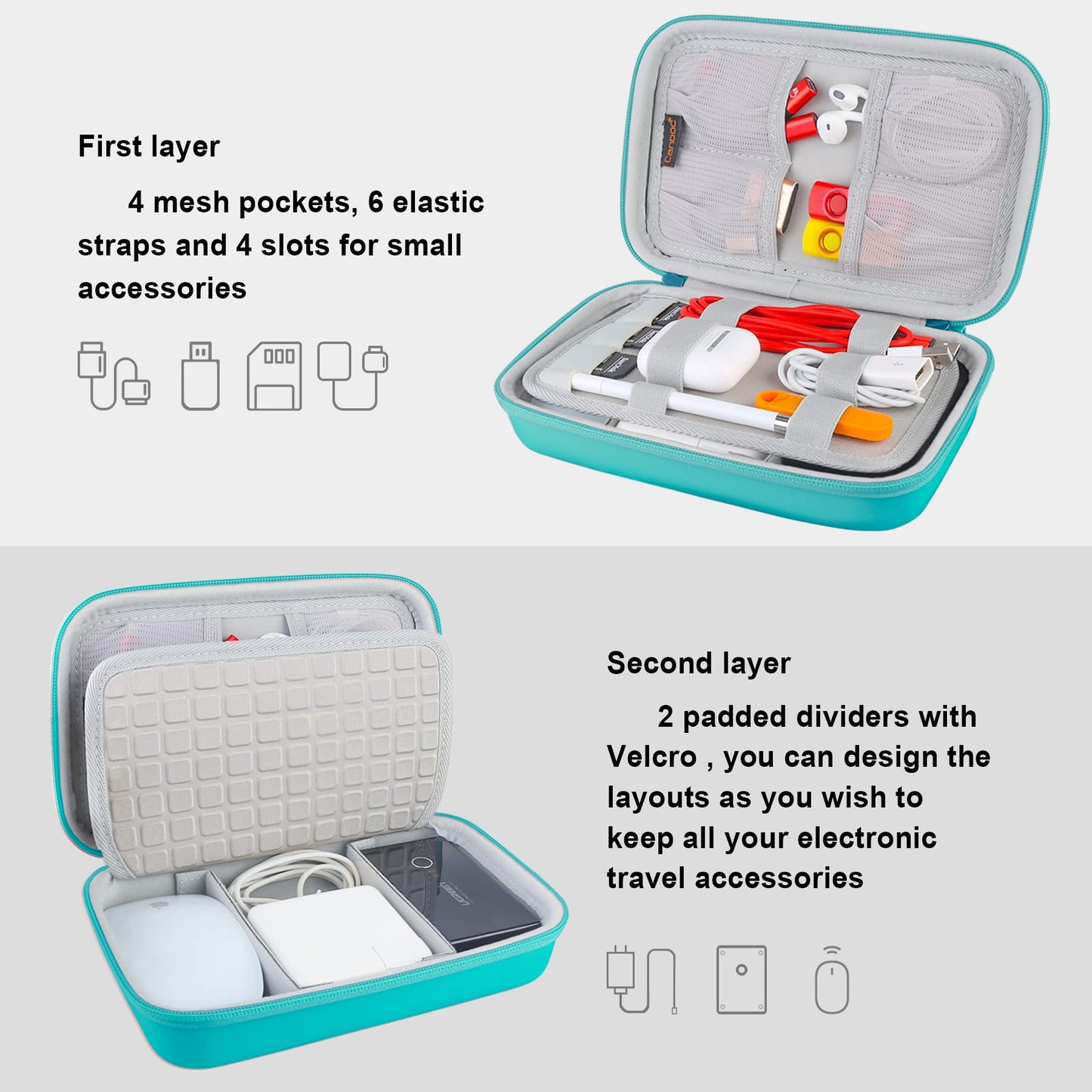 Hard Electronic Organizer Travel Case Electronics Accessories Cable Gadget Wire Storage Bag Double Layer Shockproof Box for Charger, Cord, Flash Drive, Apple Pencil, Power Bank, Turquoise