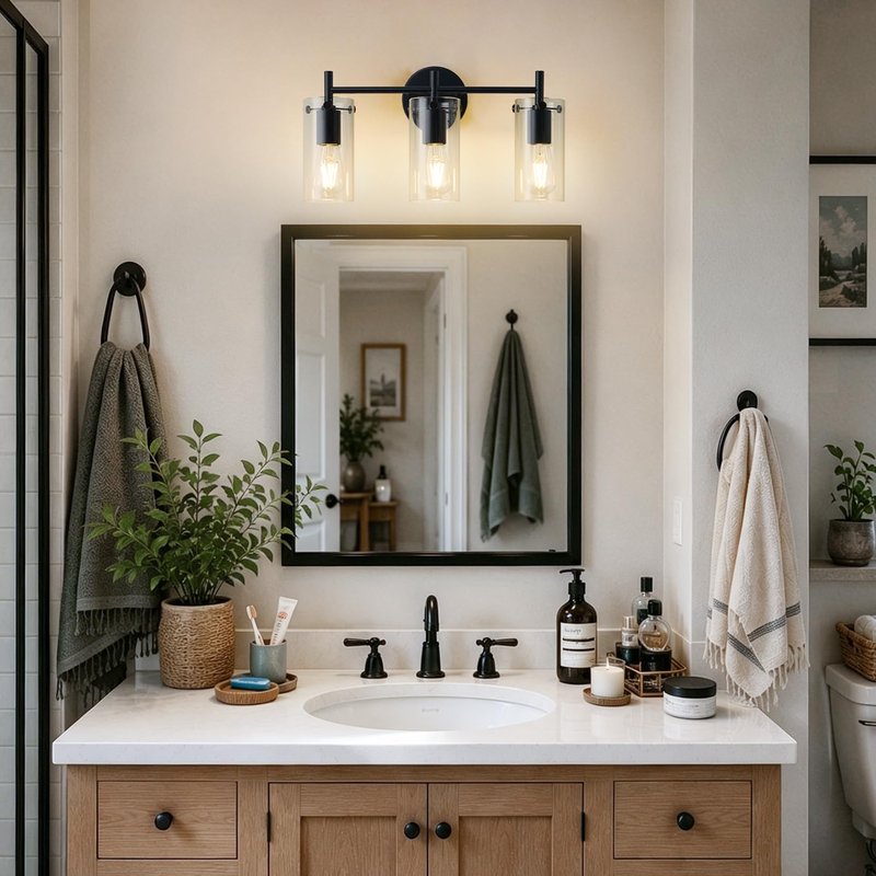 Indoi Bathroom Light Fixtures, 3-Light Matte Black Vanity Light, Black Bathroom Lights Over Mirror with Clear Glass Shade, Wall Sconces for Mirror Bedroom Living Room Hallway