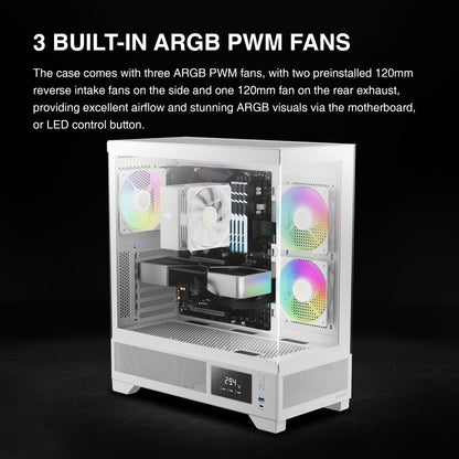 GAMDIAS White Mid Tower Gaming Computer Case w/Display& App, ATX Tempered Glass PC Case, Built-in 3x120mm ARGB PWM Fans, Up to RTX GPU/VGA 410mm & 360mm AIO/Radiator & 6x120mm Fans & 160mm CPU Cooler