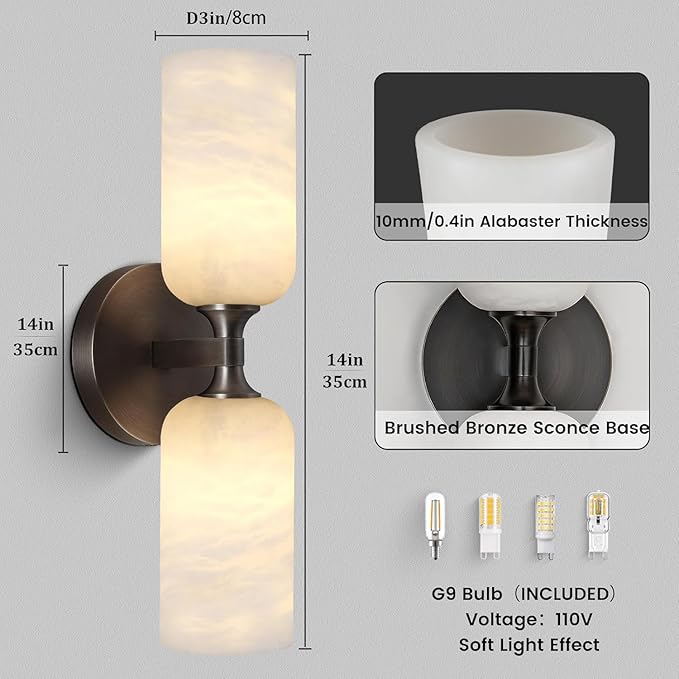 Alabaster Wall Sconce Set of 2, 14in Modern Spanish Natural Marble Bathroom Vanity Sconces, Indoor Black Wall Lighting Fixtures Decor for Bedroom Living Room Staircases