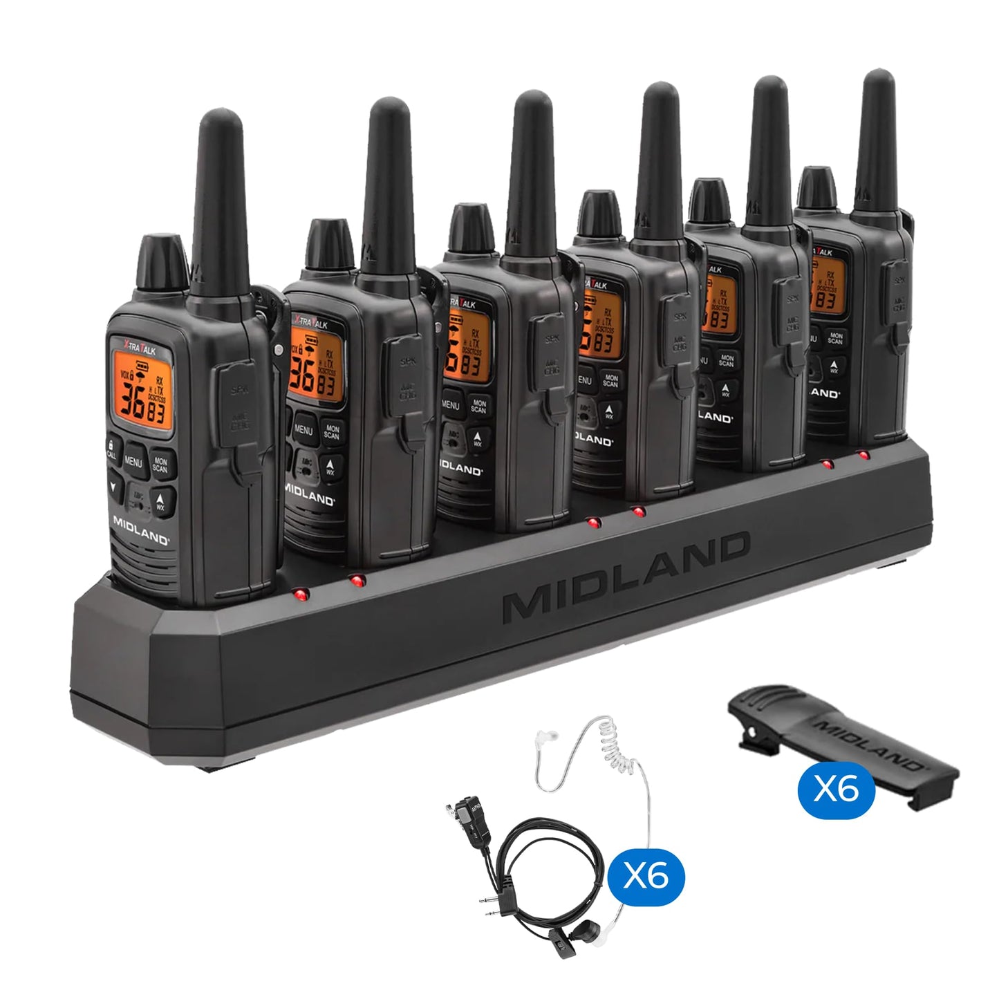Midland LXT600BBX4 FRS Business Walkie Talkies - Long Range 36-Channel Two-Way Radios with Headsets and Charging Base, NOAA Weather Alerts (8-Pack, Black)