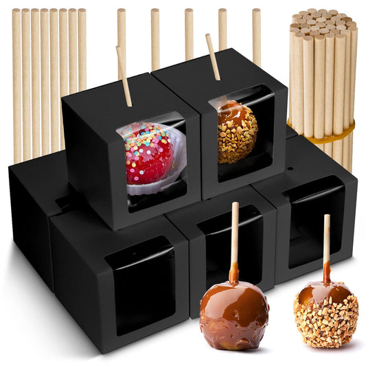 BadenBach 40 Pack Kraft Candy Apple Boxes with Sticks,4" x 4" x 4",Caramel Apple Box Kit Chocolate Cake Treat Boxes with Clear Window for Wedding,Party,Birthday,Baby Shower,Halloween (Black)