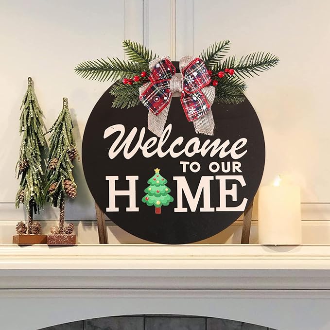 Interchangeable Welcome Sign for Front Door Decoration with 4 Seasonal Wreaths and 14 Holiday Icons, Black Welcome Door Hanger, Rustic Wooden Front Porch Sign Home décor（Black）