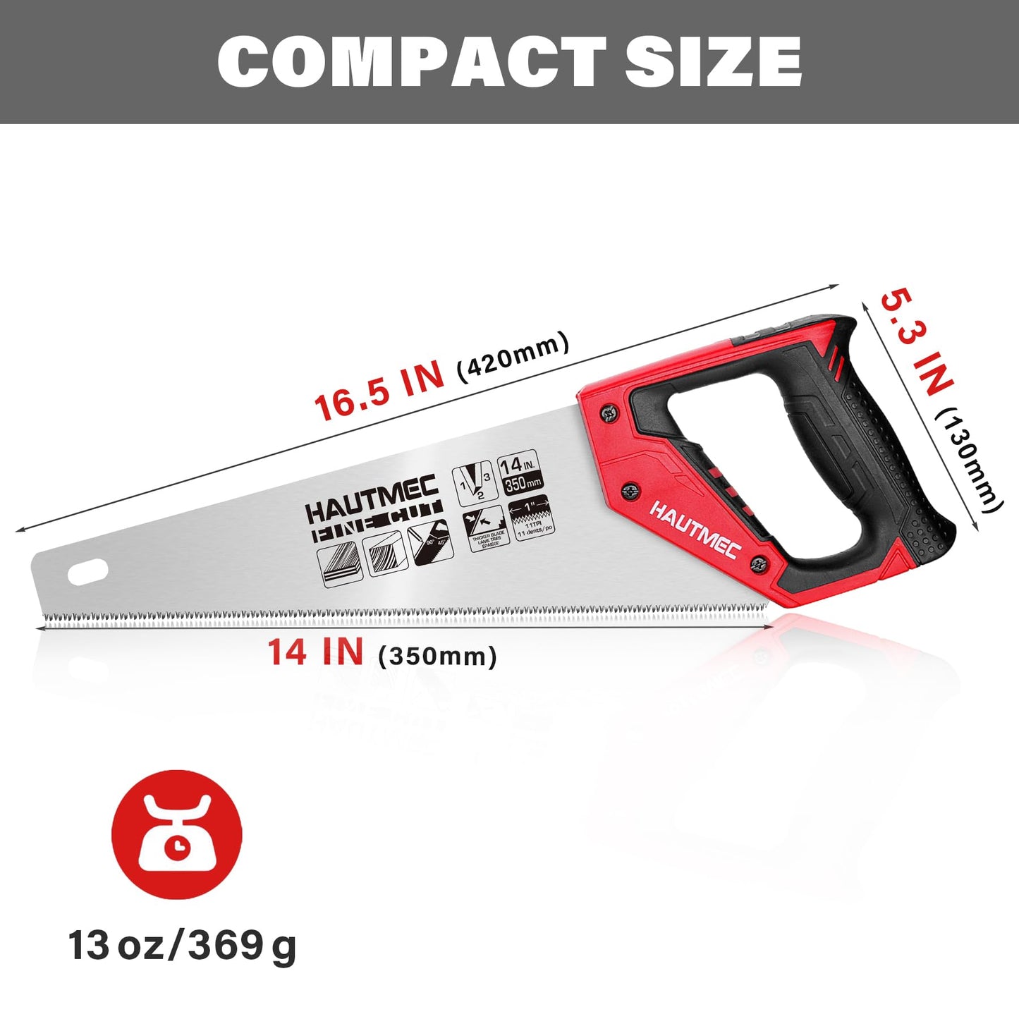 HAUTMEC 14" Universal Hand Saw, 11 TPI Fine Cut Wood Saw with Hardened Triple-Ground Teeth & Bi-Material Ergonomic Handle, Compact Handsaw for Wood, Plastic, PVC, Laminate & Branch Cutting – HT0024