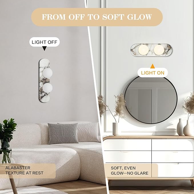 Natural Marble Wall Sconce with Alabaster Glass Globe, Modern Hardwired Wall Light Fixture for Bedroom, Bathroom, Dining Room, Hallway, Stairs (2-Light Sconce)