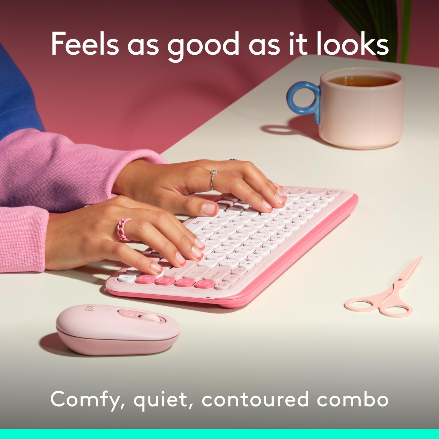 Logitech POP ICON Keys Wireless Bluetooth Keyboard, Comfortable Typing, Programmable Keys, Easy-Switch Between up to 3 Devices, for Laptop, Tablet, PC – Rose and Off-White