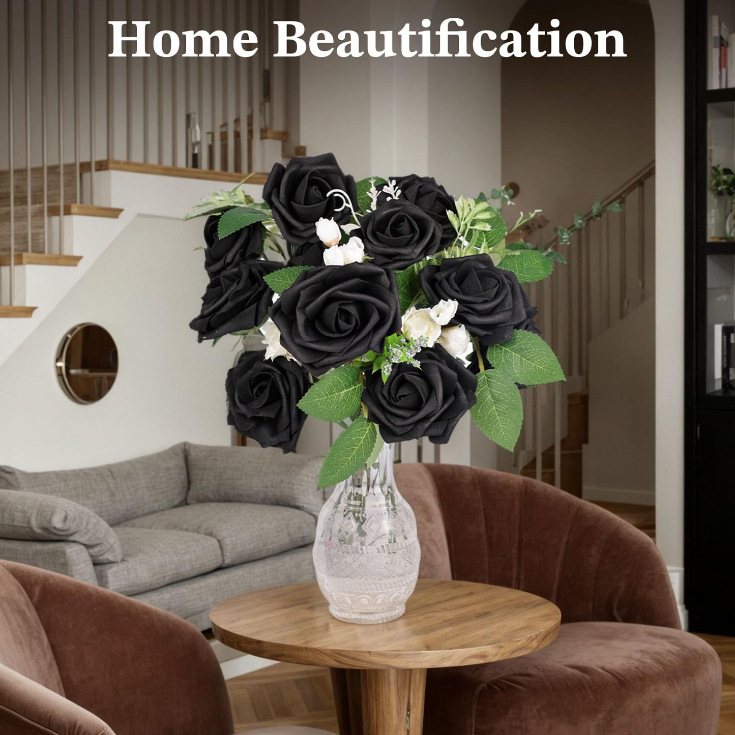 JOHOUSE 30PCS Black Fake Roses, Halloween Decor Artificial Flowers with Stems for Wedding Bouquets Party and Gothic Decoration