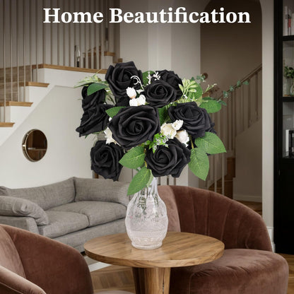 JOHOUSE 30PCS Black Fake Roses, Halloween Decor Artificial Flowers with Stems for Wedding Bouquets Party and Gothic Decoration