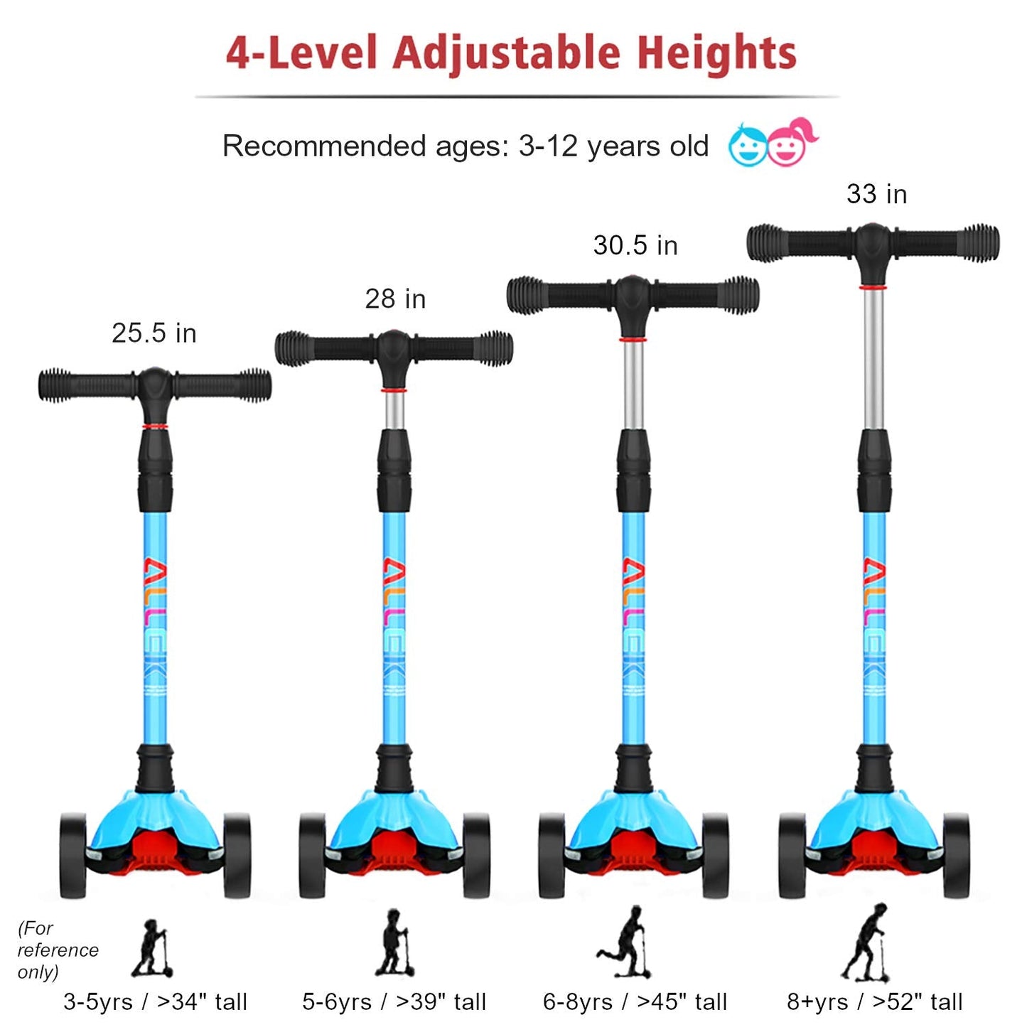 Allek Kick Scooter B02, Lean 'N Glide Scooter with Extra Wide PU Light-Up Wheels and 4 Adjustable Heights for Children from 3-12yrs (Aqua Blue)
