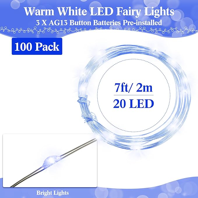 Hortsun 100 Packs Fairy Lights Battery Operated 3 Speed Modes, 7 Ft/ 2 M 20 LED Battery String Mini Waterproof Wire Twinkle Lights Bulk for Wedding Party Birthday Vases (Blue Light)
