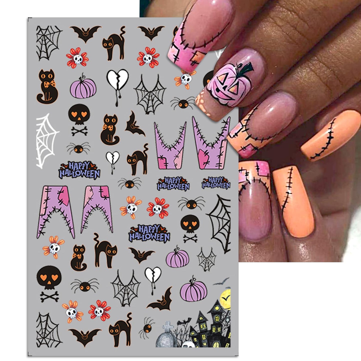 IDDFEVE Halloween Nail Art Stickers, Gradient Pumpkin, Horror Mask Nail Decals, 3D Self-Adhesive Spider-Web Bat Design for DIY Nail Supplies Decoration (5 Sheets)