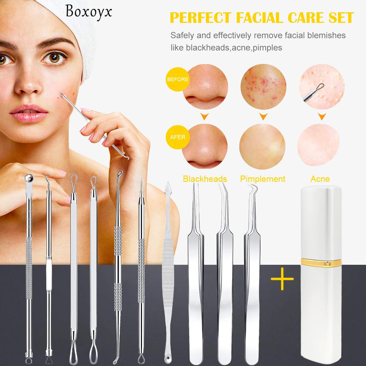 Pimple Popper Tool Kit - Boxoyx 10 Pcs Blackhead Remover Comedone Extractor Kit with Box for Quick and Easy Removal of Pimples, Blackheads, Zit Removing, Forehead,Facial and Nose (Black)
