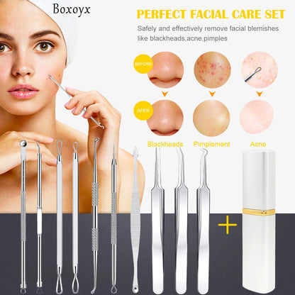 Pimple Popper Tool Kit - Boxoyx 10 Pcs Blackhead Remover Comedone Extractor Kit with Box for Quick and Easy Removal of Pimples, Blackheads, Zit Removing, Forehead,Facial and Nose (Black)