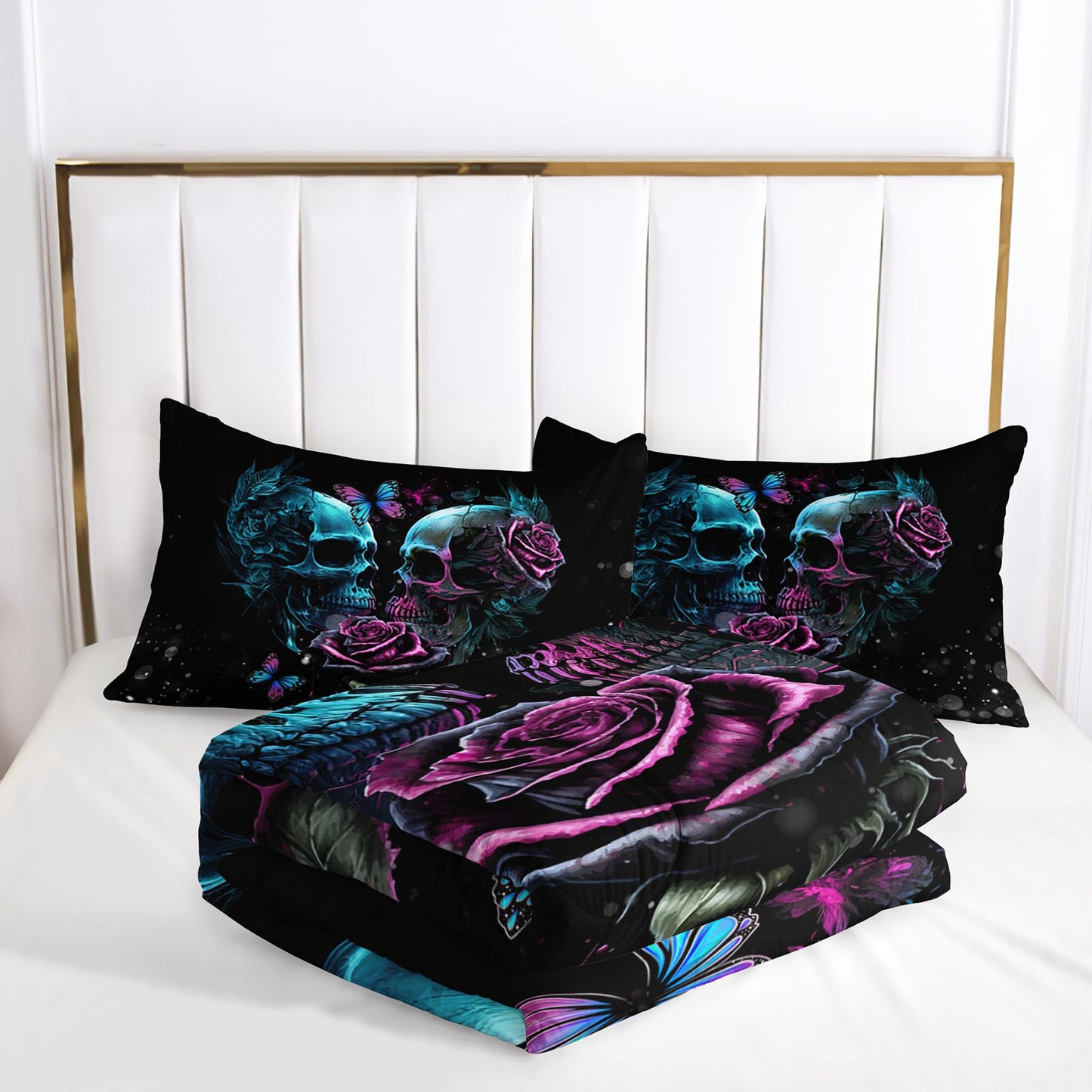 Tuzaovy Skull Bedding Set Queen Size,Goth Bedding Sets Queen with Comforter,Skull Comforter Set,Rose Comforter Halloween Skull Bed Comforter,Blue Comforter Black Bedding Skull Quilt