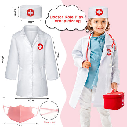 Sundaymot Doctors Set for Kids, 32 PCS Role Play Doctors Case, Children's Wooden Play Set, Dentist Wood with Real Stethoscope, Thermometer, Dental Case, Red Medical Toy Gift for Girls Boys 3 4 5 Years