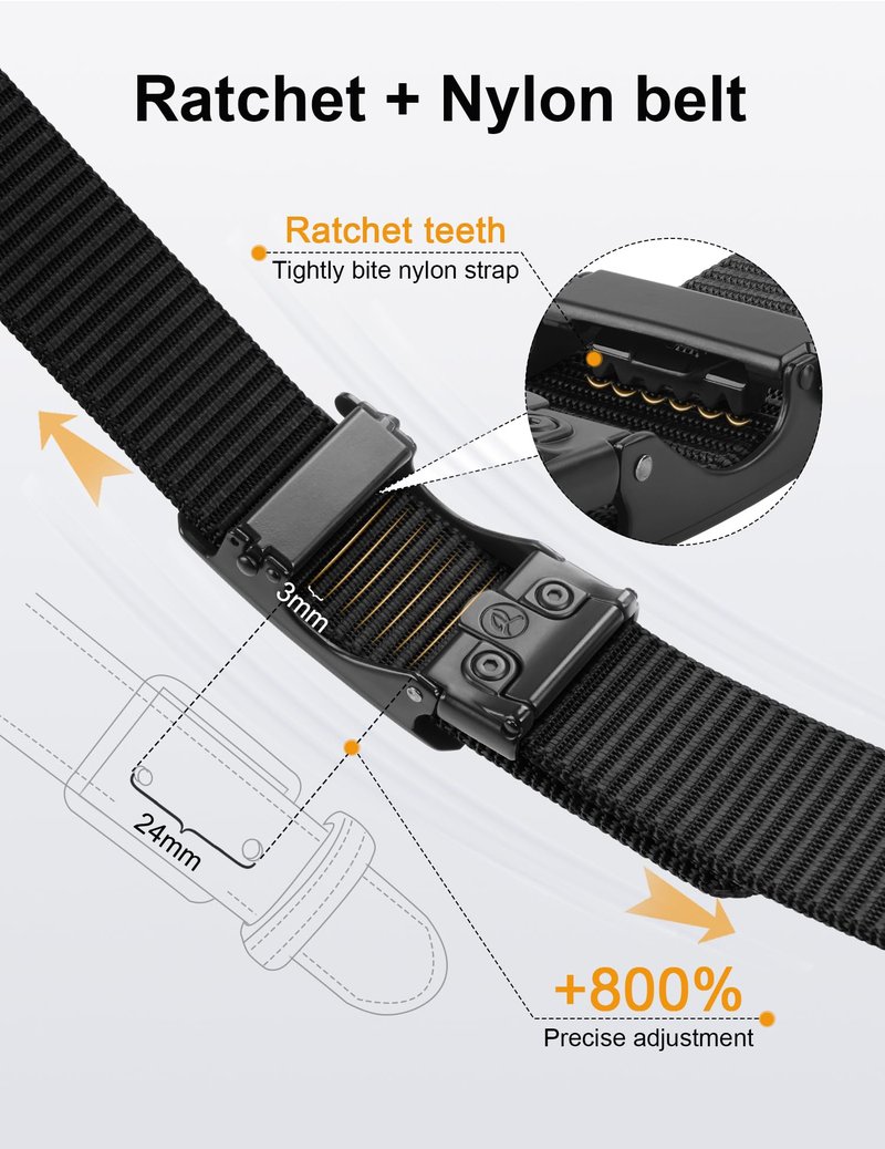 JUKMO Men's 1.5" Nylon Ratchet Belt, Casual Web Click Tactical Belt with Slide Buckle for Jeans, No Holes Adjustable Trim to Fit(Black,Medium)