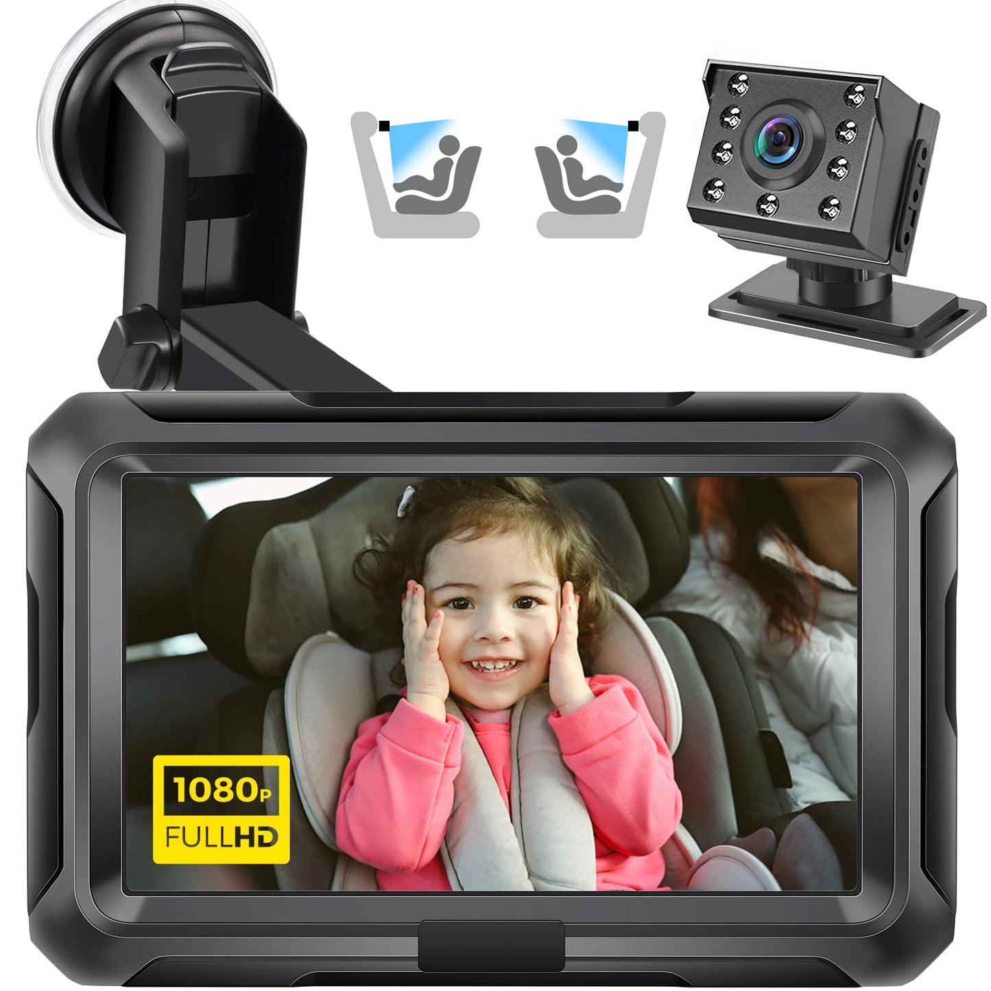 Zacro Baby Car Camera HD 1080P - Baby Car Mirror 4.3'' Display for Rear Seat with Night Vision Function, Wide View Angle, Reusable Sucker Bracket, Black