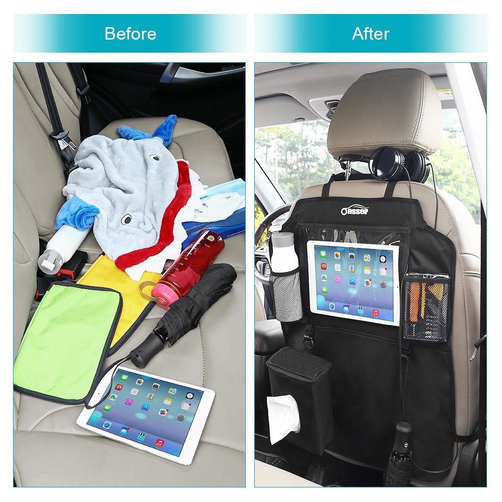 Oasser 2PCS Kick Mats Car Organisers Waterproof Seat Back Protectors with 12.9'' iPad Tablet Touch Screen Holder Multi Pockets Including Tissue Box