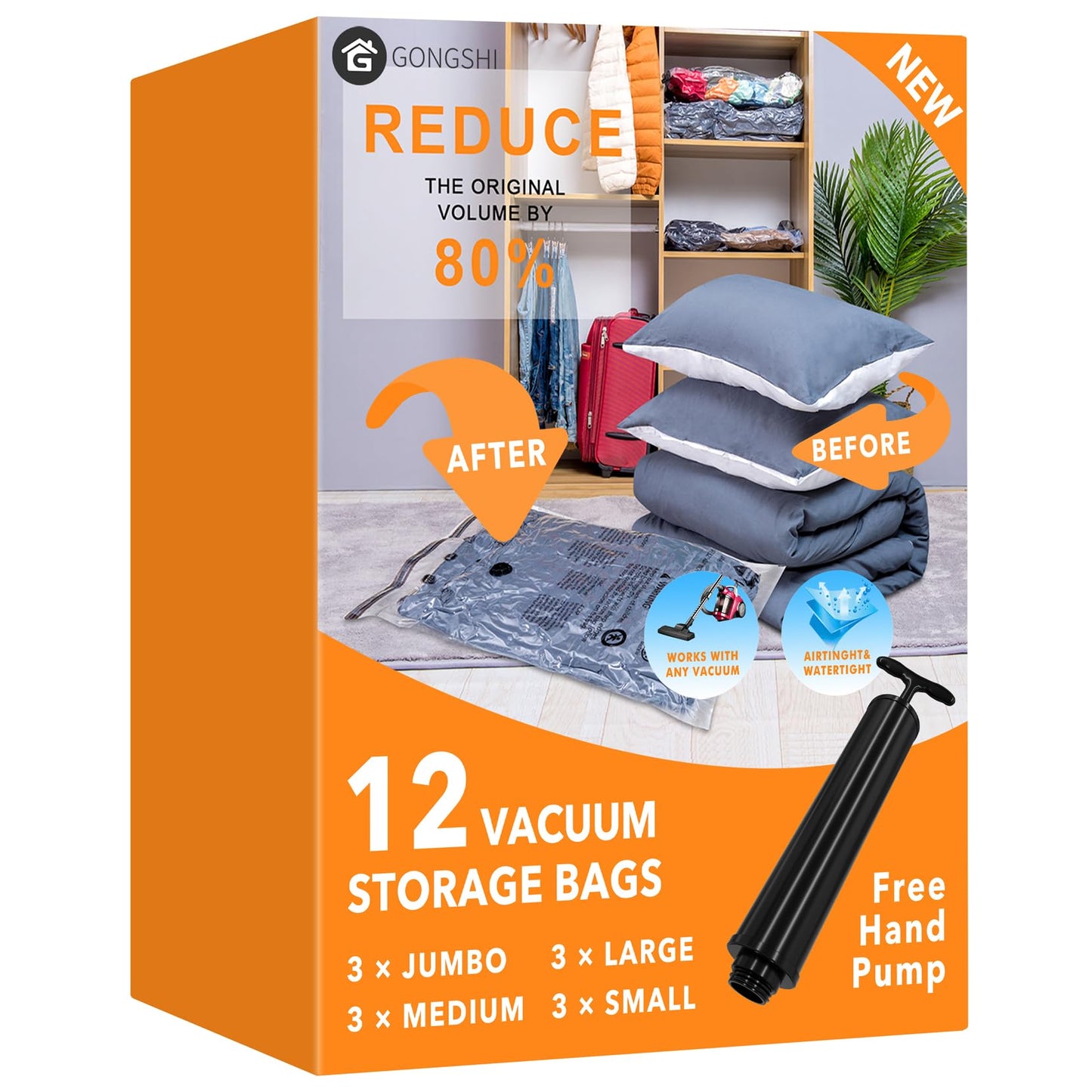 12 Pack Vacuum Storage Bags (3 Jumbo, 3 Large, 3 Medium, 3 Small),Plastic Packaging Bags,Space Saver Sealer Compression Bags with Travel Hand Pump for Blankets, Comforters, Pillows, Clothes Storage