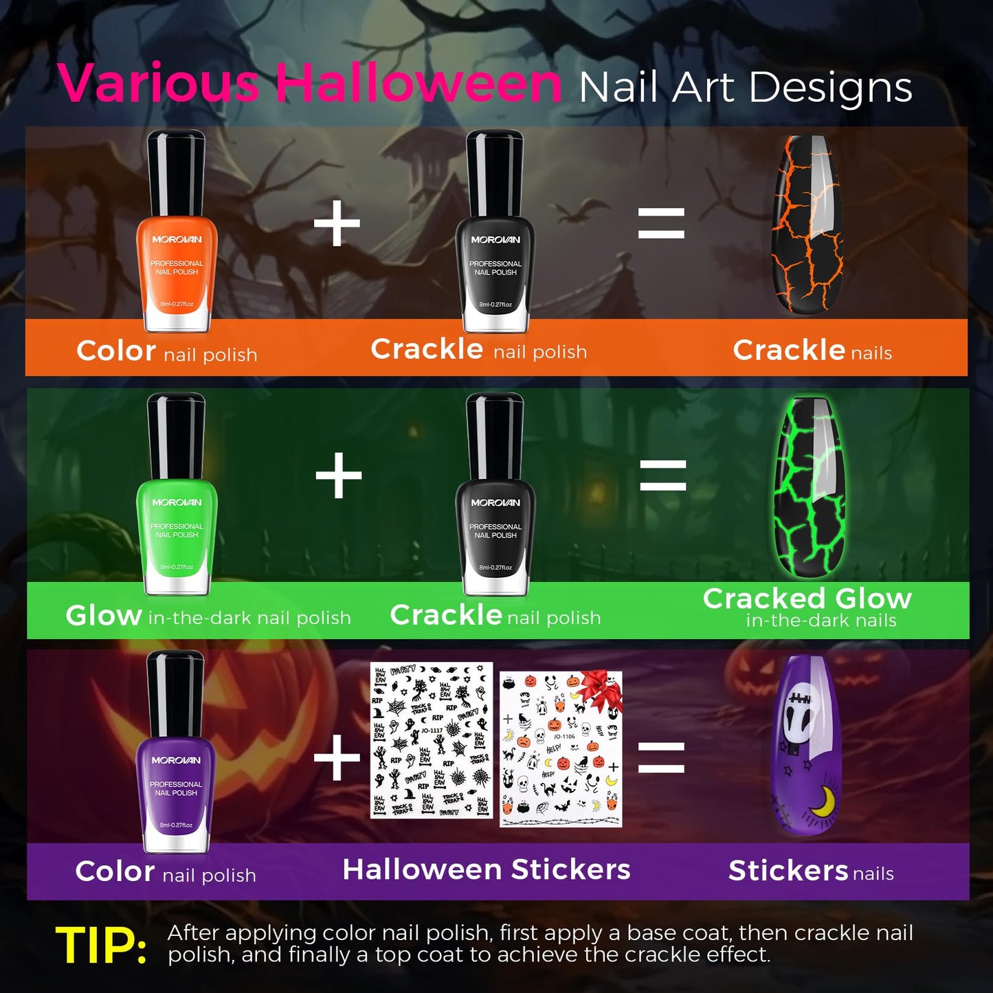 Morovan Halloween Nail Polish Set: Black Crackle Pumpkin Orange Glow in the Dark Neon Green Fingernail Polish Kit with Nail Stickers 2025 Quick Dry Manicure for Women Girls Party Costumes Gifts