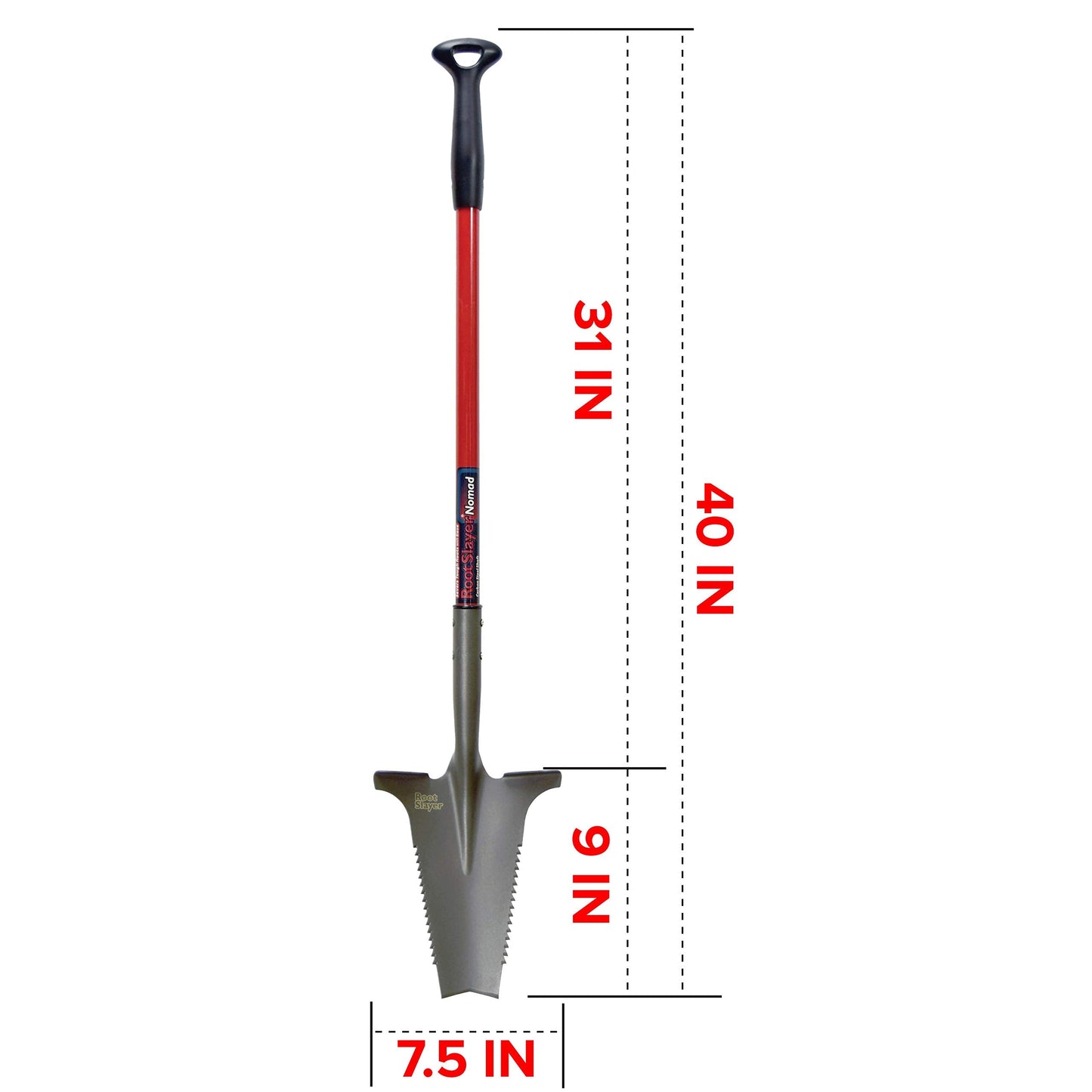 Root Slayer 22311 Nomad Compact Steel Garden Spade for Digging Soil and Root Removal, Portable Tool, Red