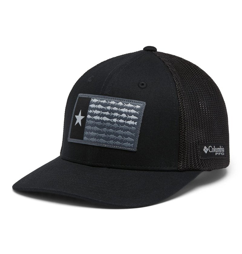 Columbia PFG Flag Mesh Ball Cap-High Crown, Black/Black/Texas Fish, Large/X-Large