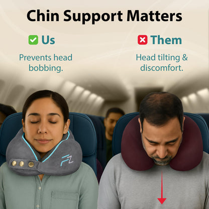 FLOWZOOM Comfy Memory Foam Travel Pillow for Airplane & Car – Adjustable Neck Cushion with 360° Support, Soft, Washable Plush Cover and Compact Mesh Bag - Grey