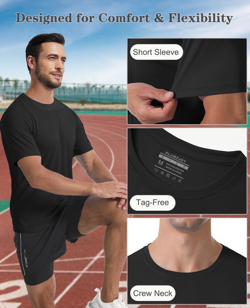 PLUMZJOY Workout Shirts for Men Short Sleeve T Shirts Moisture Wicking UPF 50 Sun Protection T-Shirt Running Workout Shirts Quick Dry Top Tee Black L
