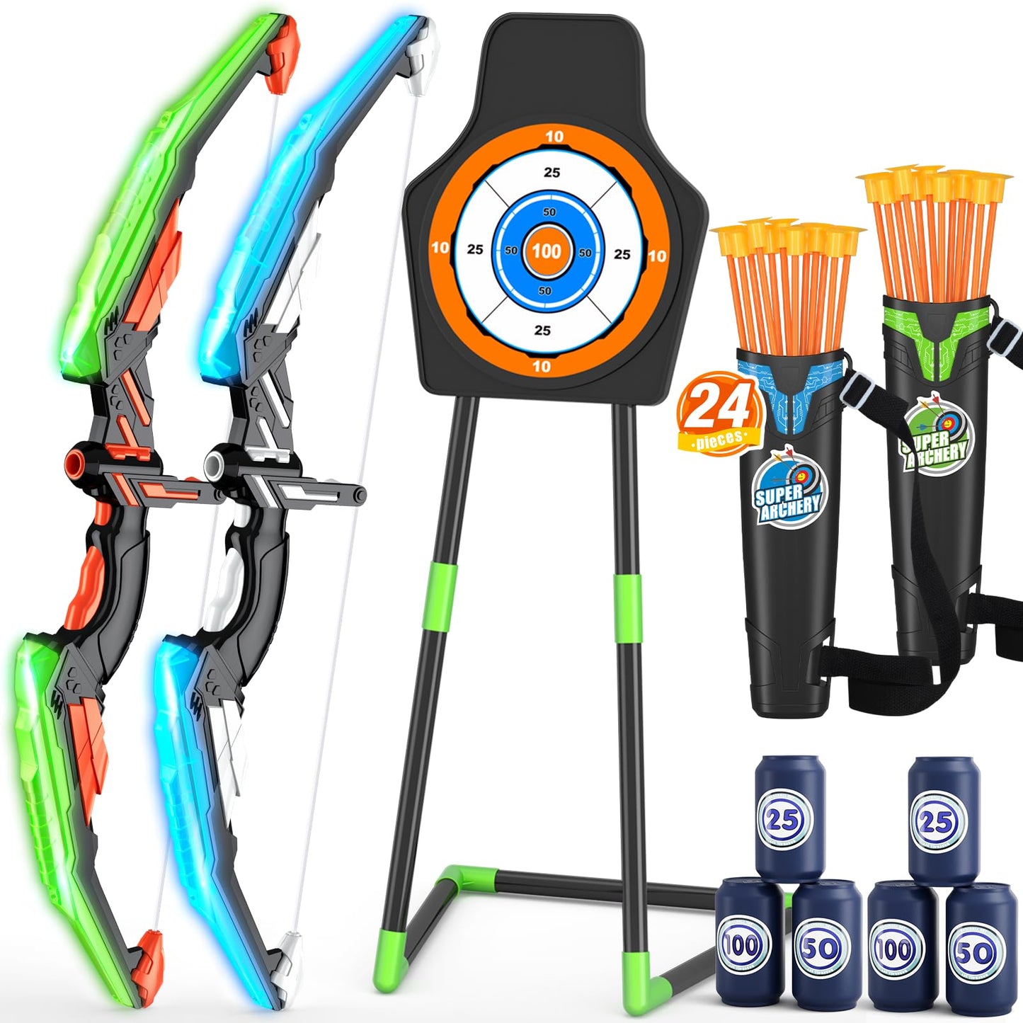 HYES 2 Pack Bow and Arrow for Kids, LED Light Up Archery Set with 24 Suction Cup Arrows, 1 Standing Target, 6 Score Targets & 2 Quiver, Indoor Outdoor Sport Gifts for Boys Girls Ages 4-8