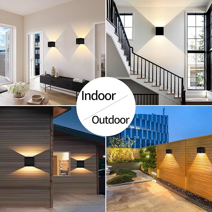 12W 2Pack Outdoor Wall Lights Exterior/Interior,LED Black Outdoor Wall Sconces Light Fixtures Modern,IP65 Waterproof Square Aluminum Wall Lamps, Up and Down Lights 3000K Warm Lights