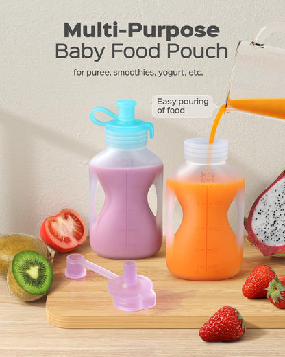Jelly Ruru Silicone Reusable Baby Food Pouches with Straws, Leakproof Refillable Squeeze Pouches, Dishwasher, Freezer, Microwave Safe, Baby Food Storage for Homemade Puree, Yogurt (one size, Count, 4)