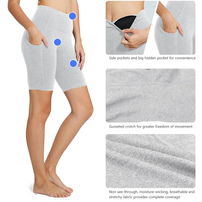 baleaf Biker Shorts Women Yoga Gym Workout Spandex Running Volleyball Tummy Control Compression with Pockets 8" Light Grey S
