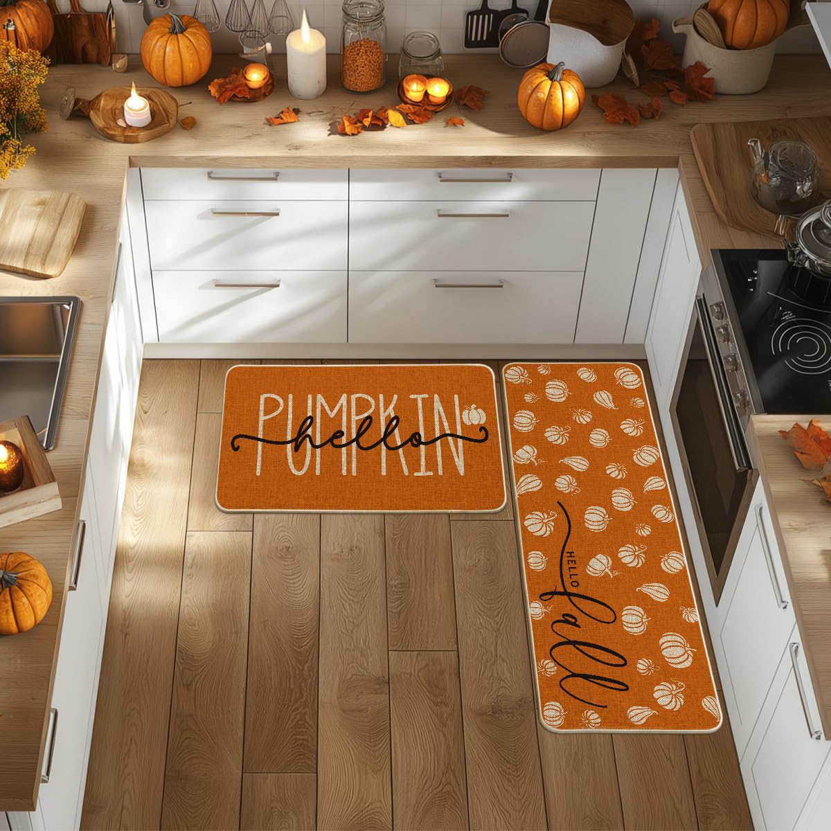 Artoid Mode Orange Hello Pumpkin Fall Kitchen Mats Set of 2, Autumn Home Decor Low-Profile Kitchen Rugs for Floor - 17x29 and 17x47 Inch