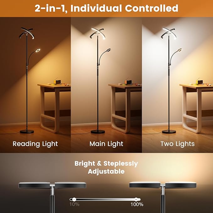 LED Floor Lamp for Living Room - Modern Standing Lamp with Reading Light, Remote Touch Control Floor Light Dimmable Mother-Daughter Tall Bedroom Lamp for Couch Office, 29W, Black