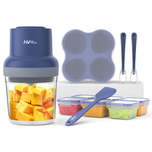HEYVALUE Baby Food Maker, 13-in-1 Baby Food Processor Sets, Fruit, Vegatable, Meat, Puree Blender with Baby Food Containers, Food Freezer Tray, Silicone Spoons, Silicone Spatula (Dark Blue)