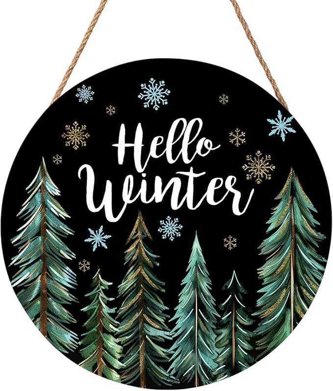 Hello Winter Welcome Sign for Front Door Winter Wreaths Winter Pine Trees Wood Door Hanger for Outdoor Outside Porch Christmas Snowflakes Round Hanging Sign for Home Porch Wall Decoration 12in