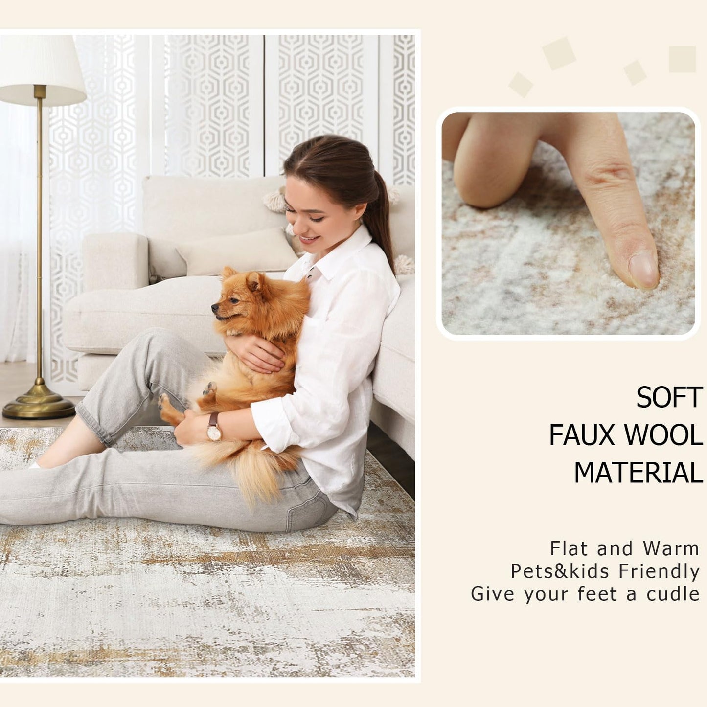 famibay 5x8 Area Rug, Abstract Washable Rugs for Living Room Low Pile Neutral Area Rug for Bedroom Aesthetic Non Slip Rubber Backed Carpet Rugs for Living Room Bedroom Dining Room(Beige/Camel)