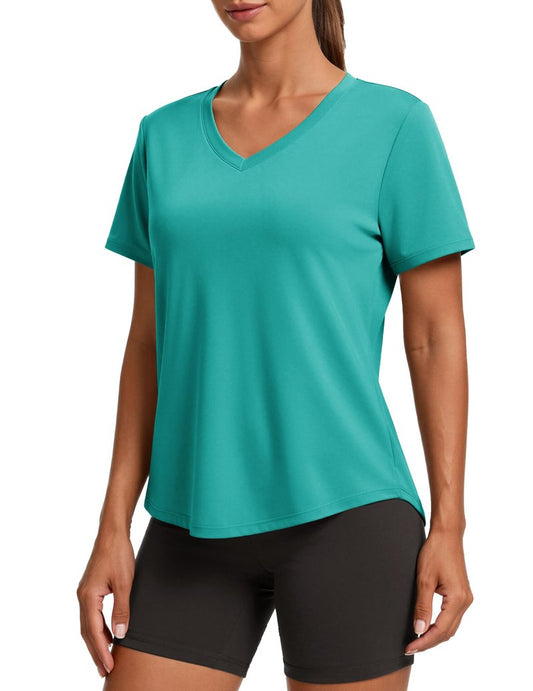 PINSPARK Moisture Wicking Shirts for Women Short Sleeve V Neck Quick Dry Workout Tops Athletic Gym Running T-Shirts Cooling,Teal Medium