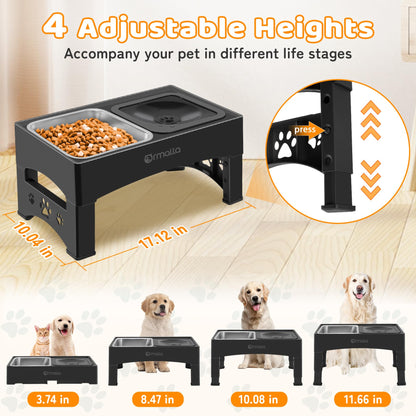 Ormalla Elevated Dog Bowls with No Spill Dog Water Bowl, Raised Stainless Steel Dog Food Bowl for Large Medium Small Dogs, Non-Slip Dog Bowl Stand, 4 Heights 3.7", 8.5", 10.1", 11.7",Black
